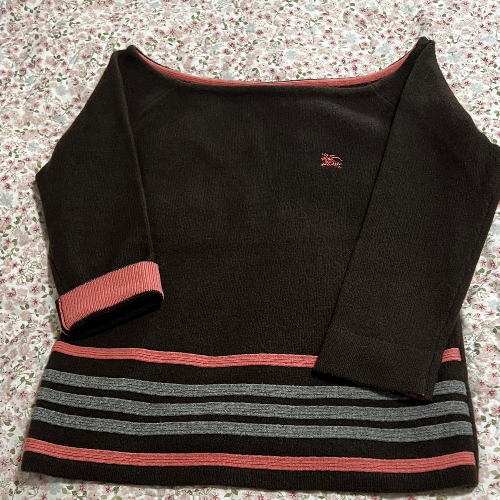 Burberry Blue Label Off-the-Shoulder Sweater with Pink and Gray Stripe Accents